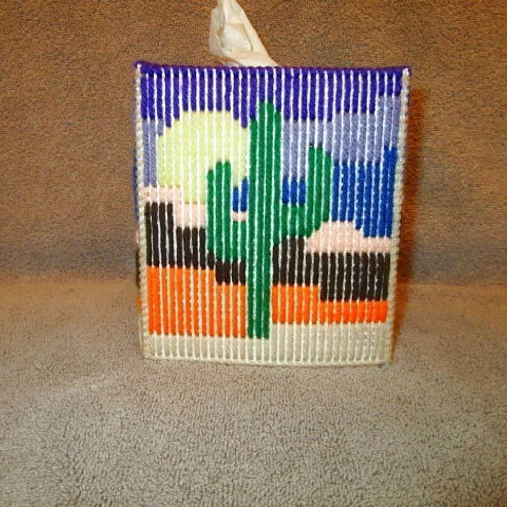 Vtg Cross Stitch Plastic Canvas Tissue Box Cover Saguaro Desert Sunrise Cactus